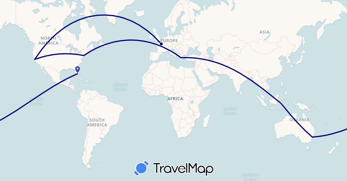 TravelMap itinerary: driving in Australia, France, Greece, Indonesia, United States (Asia, Europe, North America, Oceania)